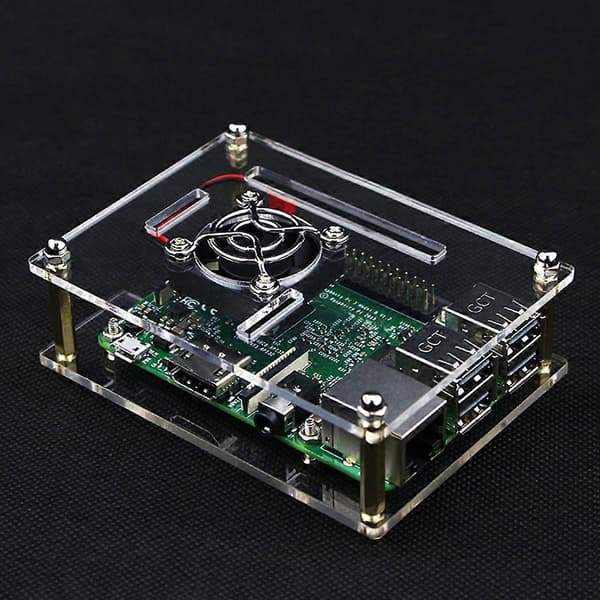 Genomskinligt Raspberry Pi 4/3B+/3-hölje med fläkt och kylflänsar samt nätlock A