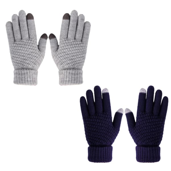 2 par vinterhandskar för damer med pekskärm, varma ullfodrade stickade handskar med elastiska muddar Grey+Navy