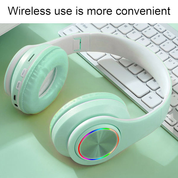 Bluetooth-headset med brusreducering, hopfällbara trådlösa over-ear-hörlurar med färgglatt ljus för telefon, bärbar dator, grön