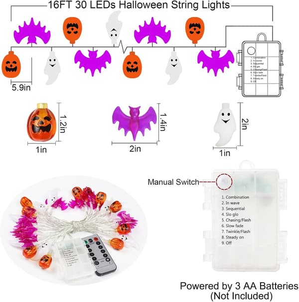 Halloween-lys, 16FT 30 LED Vanntette 3D Gresskar Flaggermus Spøkelse