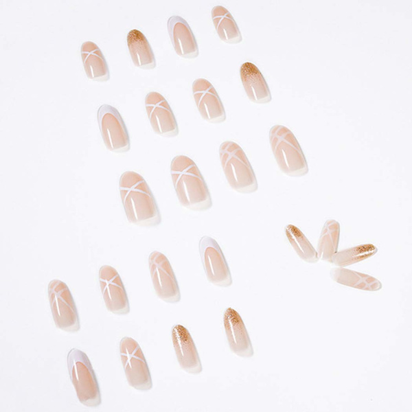 Mandel Trykk-på Negler Medium Lengde Med Designet Falske Negler Salong Rosa Glitter Full Dekning Akryl Falske Negler Tips for Kvinner og Jenter 24 stk
