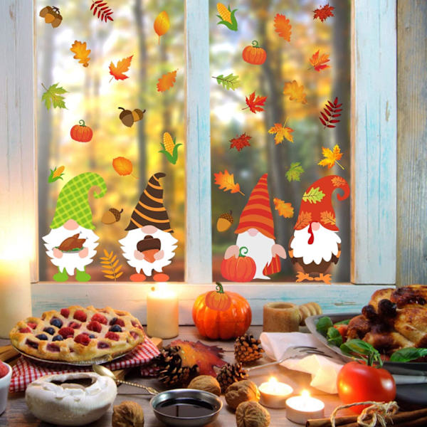 Efterårs Thanksgiving Vindue Klistermærker - 4 Ark Efterårsnisse Elf Scan