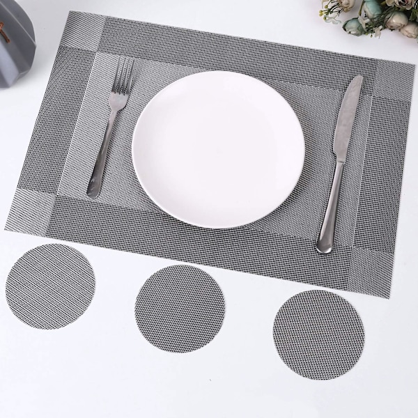 Elegant Bordskonst, Värmebeständiga Halkfria Vävd Vinyl Bordstabletter, Silvergrå Skyddande Bordsdekorationer för Stilfulla Matsalar, Set Om