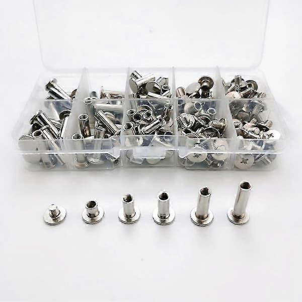 80 set Chicago-skruvar 5 storlekar 6 10 12 15 18 mm bindskruvar nitar, för läder, bokbindning silver