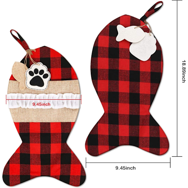 Personlige Julestrømper til Hund, Buffalo Plaid Sækkelærred Stort Knogleformet Design, Til Juletræspynt, Behagelig at Røre Ved