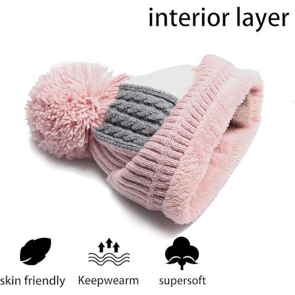 Rosa Mössor för Kvinnor Stickad Mössa Pompom Vinter Varm