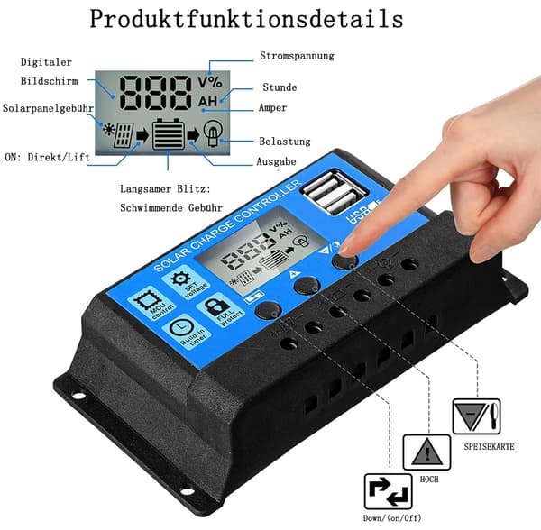 Intelligent Solar Charge Controller, designet til 12V 24V paneler, tilbyder justerbar LCD-skærm og dobbelt USB-port, har overstrømsbeskyttelse,
