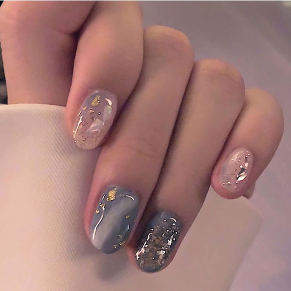 Lyxig glitter glänsande ovala korta falska naglar Tryck på naglar Cover akrylnaglar för kvinnor och flickor 24 st)