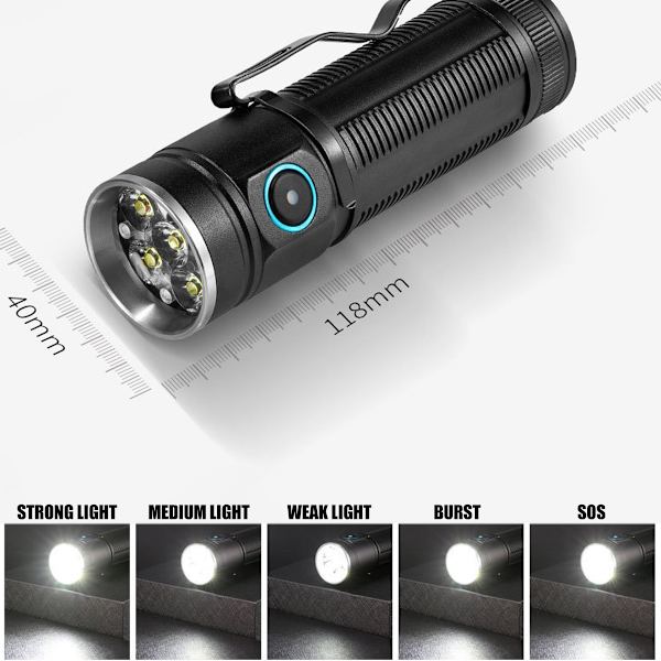 XC03 Ficklampa Hög Lumen Max 3000 Lumen, Uppladdningsbar Kraftfull Ficklampa med Hög Effekt 6* LED, 5-Läges Ficklampa, Kompakt Ficklampa