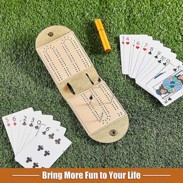 2 sæt bærbart Cribbage-brætspil i læder, rejsespil, hvert sæt med 4 metal-pinde, 1 mini-Cribbage-bræt, 2 baner