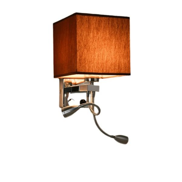 Veggmontert nattbordslampe med USB, LED leselampe med svingarm og stoffskjerm, hardkablet vegglampe for soverom, stue og hotell (krom)