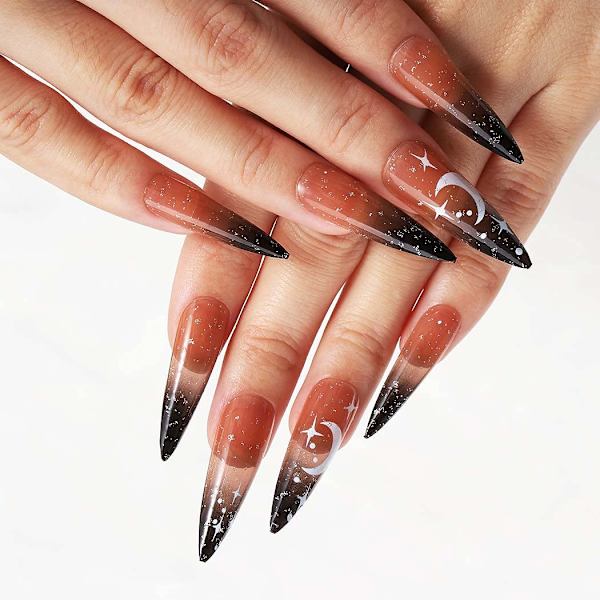 Bomine Stiletto -painettavat kynnet, pitkät ombre-mustat keinokynnet, akryyliset kiiltävät, täyspeite, Halloween-kynnet naisille ja tytöille ()