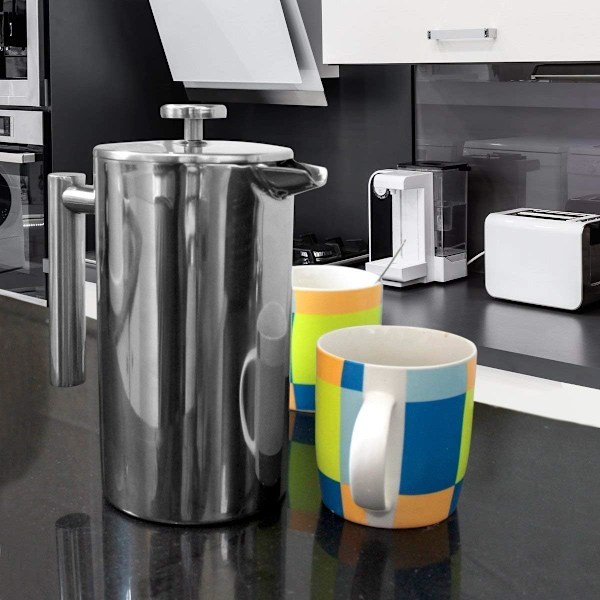 Kaffebryggningspartner, Diskmaskinsäker Franskpress med Elegant Design i Rostfritt Stål, Värmebeständig Dubbelisolering, Perfekt för 4-5 Koppar (1 liter)