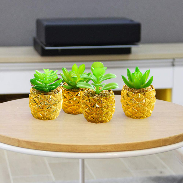 4 stk. kunstige sukkulenter bonsai guldbelagte plastikpotter