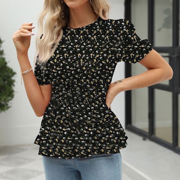 Sort M Kvinder Elastisk Skjortetop Blomsterprint Rund Hals Kort Puffærmer Rufflet Kant Sommer T-shirt