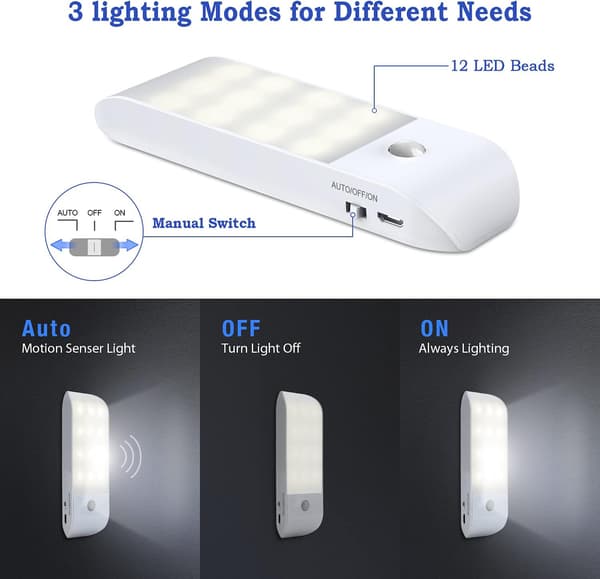 Nattlys med bevegelsessensor, USB oppladbart LED-nattlys