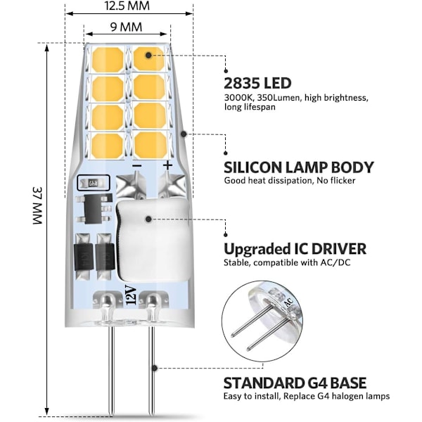 G4 LED-lampa, Energibesparande, Lång Livslängd, Dagsljusvit 6000K, 3W Lampa, Ej dimbar, 350 Lumen, Direktstart, Flimmerfri, Enkel Installation, för