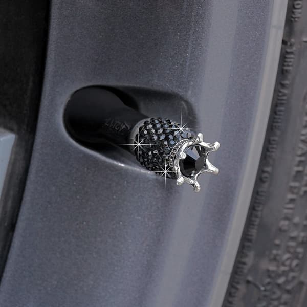 4 stk. Bling Sort Krone Ventilstamme Dæksel - Krystal Rhinestone Chro