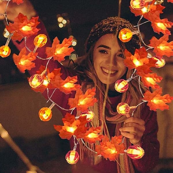 Halloween runde gresskar- og lønnebladlyslenker, 6m 40LED USB, festlig festdekorasjon 6m 40LED USB