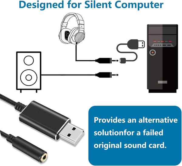 Lydadapter, robust metalhus USB til 3,5 mm jackstik, stereolydkort til pc, bærbar, stationær, plug & play multifunktionel hovedtelefonadapter