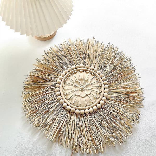 Boho Handgjord Vävd Halm Väggdekor Marockanska Träpärlor Väggbonad Ornament Rund Heminredning