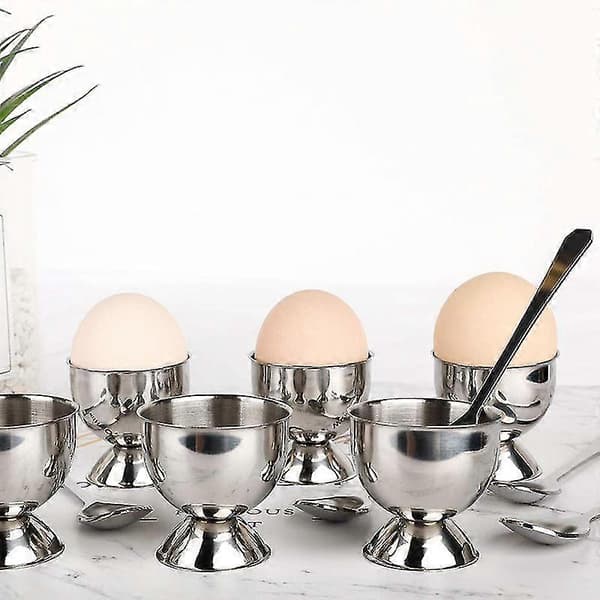 Eggkopp i rustfritt stål, sett med 12, inkluderer 6 eggkoppholdere og 6 eggskjeer