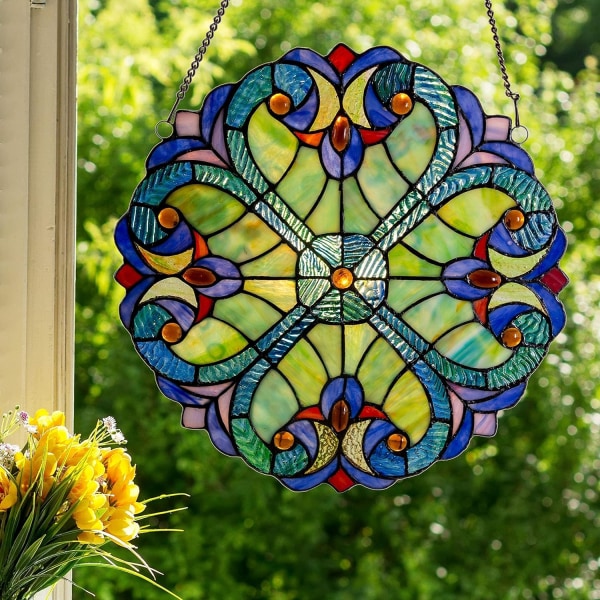 10 Tuuman Korkea Stained Glass -Aurinkokoukku Ikkunapaneeli Sininen Keltainen