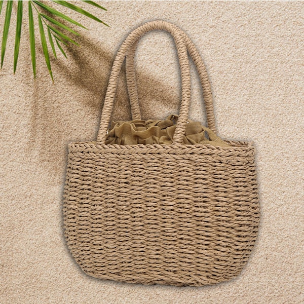 Mote-Håndveske i Straw Weave for Kvinner - Handlepose, Strandveske, Reisekurv (Khaki)