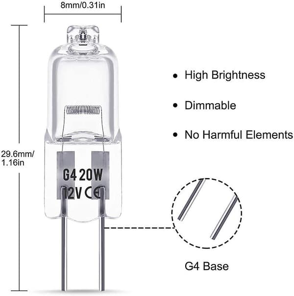 20 stk. G4 Halogenpære 20w Dc12v Indendørs Halogen G4 Lampe Krystalpære
