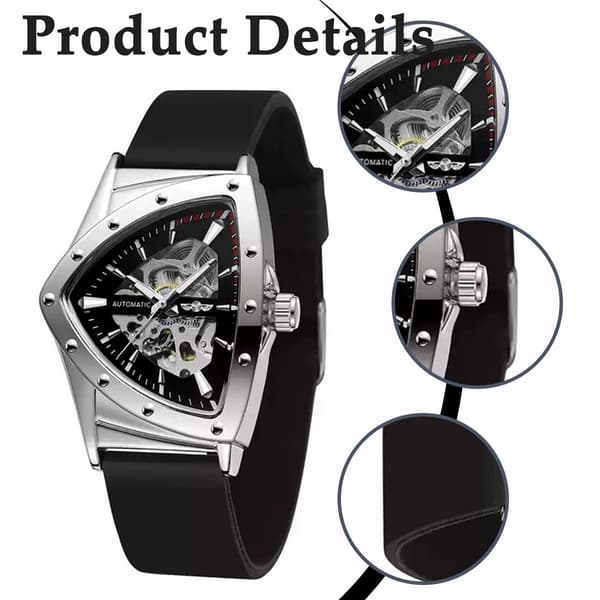 Stilfuldt herremode afslappet hul trekant automatisk mekanisk ur Silver + Black