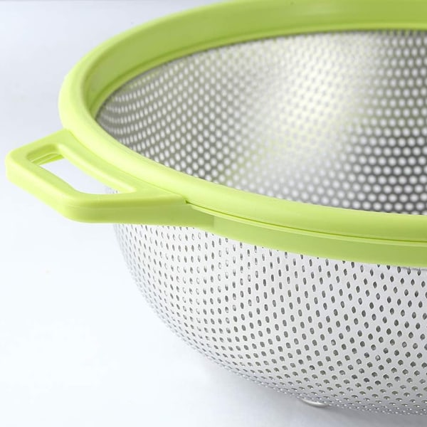 Grønt dørslag i rustfrit stål, mikroperforeret dræningssystem til hurtig vandfjernelse, ergonomiske håndtag sikrer komfort og kontrol, til pasta,
