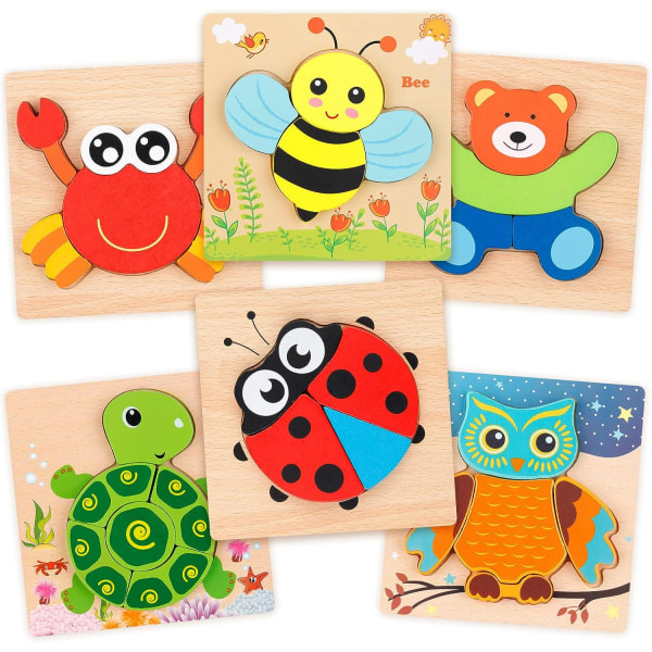 Trä pussel set, 6-pack djurform färg Montessori