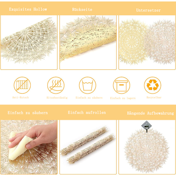 Elegant Bordsunderlägg, Gyllene Maskros Bordsunderlägg Bulk Set, Hållbar Miljövänlig PVC Erbjuder Stressfri Rengöring, Värmebeständig För Säkerhet