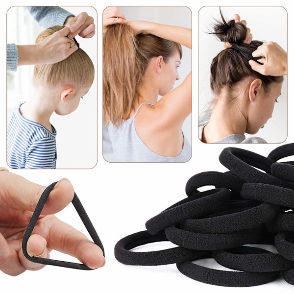 Pakke med 100 svarte hårstrikk, svarte myke elastiske hårstrikk for kvinner, jenter og barn, sterke strekkbare hårbånd for hestehale for tykt hår (40 x 8 mm)