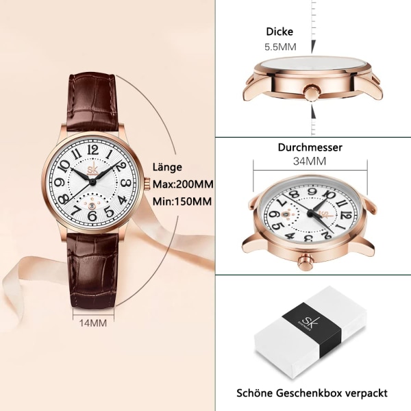 Analog kvartsklocka för kvinnor med läderarmband