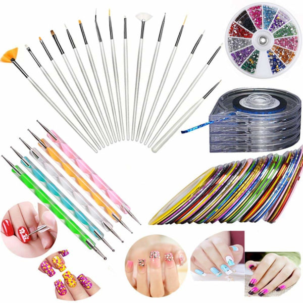 JOYJULY Nail Art Kit innehåller 30 Striping-tejp & 4st Striping Roller Box & 12 färger Rhinestones & 5st Dotting Pen & 15st Striping- set