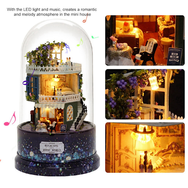 Perfekt DIY-gåva Alla hjärtans dag-present, handgjorda dockhus giftfria material, DIY miniatyrdockhus-kit med LED-ljus musikdosa plastdammskydd,