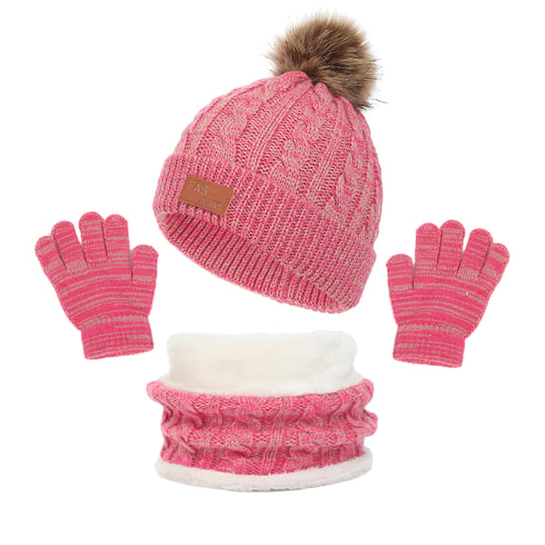 1 sæt børns vinter tredelte hat, halstørklæde, handsker, tredelt efterår og vinter enkelt kugle babyhat Rose red