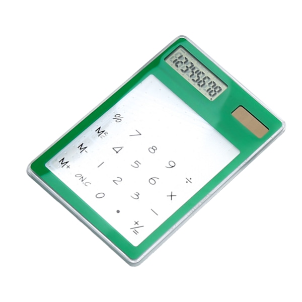 Solcelledrevet lommeregner med touchskærm, 8-cifret LCD-display, bærbar transparent lommeregner til kontor, skole og hjem, grøn