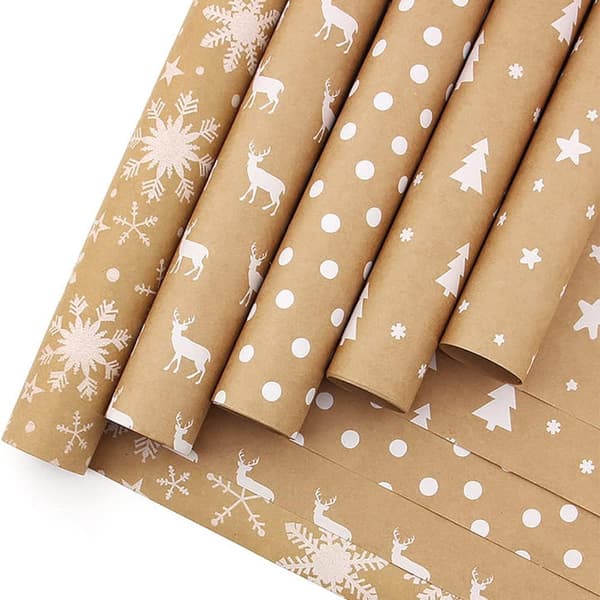 (10m x 44cm, Stjerne) 10m Rull med Kraft Hvit Tre Gavepapir