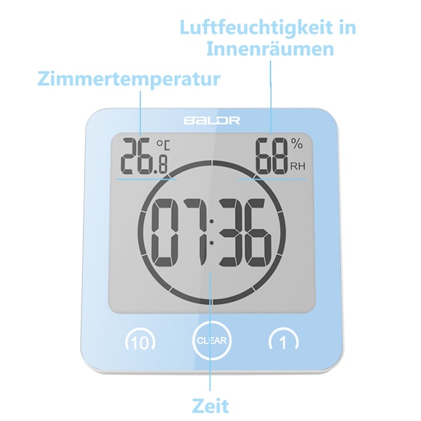Multifunktionell Timer, Vattentät Pekskärmstimer, Temperatur- och Luftfuktighetsdisplay, Enkel Installation för Badrum, Dusch, Kök (Stor Skärm)