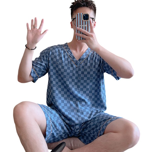 Men Short Pajamas Set Male Summer Thin Cotton Shorts Printing Casual Home Loungewear V Neck XL