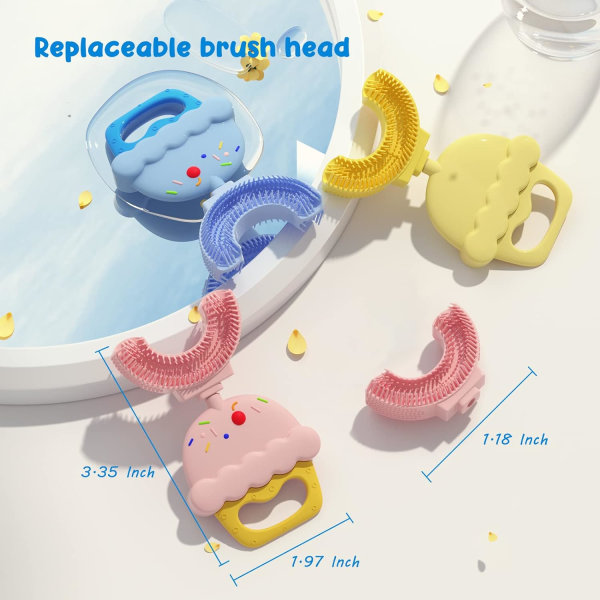 U-formad tandborste för barn, premium mjuk silikontandborsthuvud, 360° oral tandrengöring, toddler 2-6 år, rosa