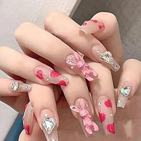 24 st Press on Nails Medium med mönster, kista akryl falska naglar, Ballerina konstgjorda lim på naglar, kanin harts berlocker och strass Stick