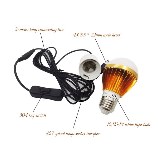 E27 Spiral LED-sollampa, vit, för campingtält, 12 V, 5 W, med 3 meter DC-kabel