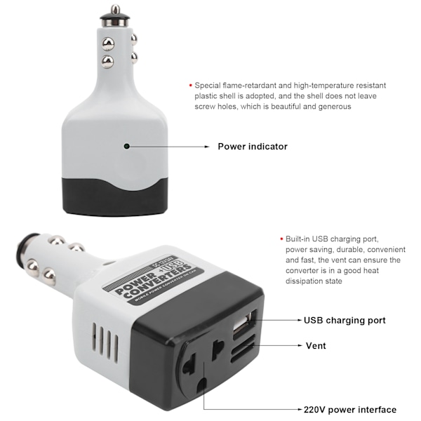12V/24V Mobil Strømkonverter USB Biloplader til Mobiltelefonopladning Sort