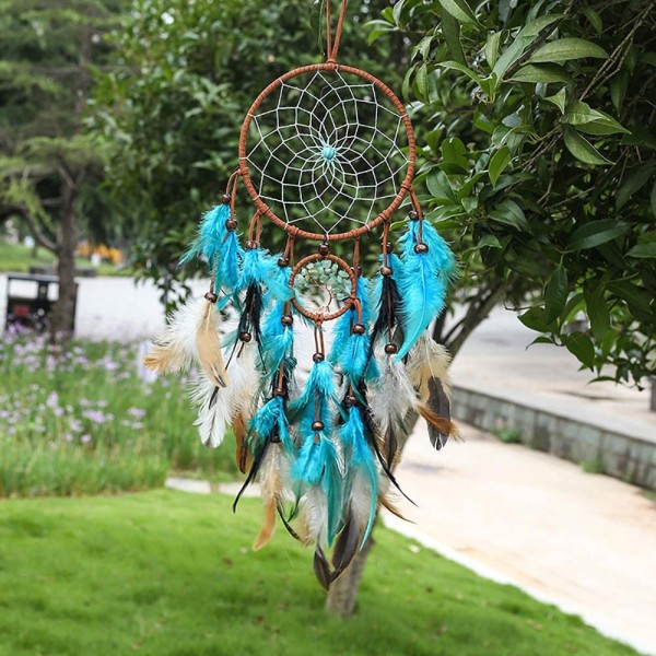 Drömfångare Blå Livets träd med fjädrar, handgjorda indianer
