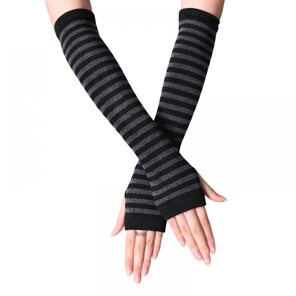 2pcs long gloves with exposed fingers, striped black and gray