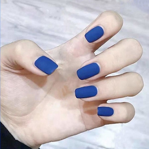 Blå Falska Naglar Långa Press on Fake Nail Square Akryl Falska Naglar Artificiella Full Cover Naglar för Kvinnor och Flickor(24Pcs)