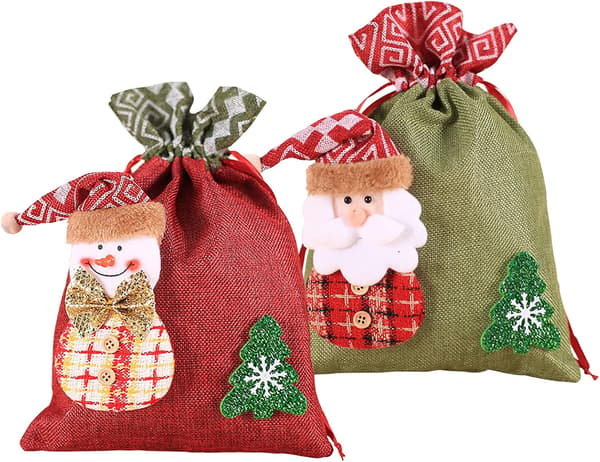 2 st Julklappspåsar med dragsko, design med tomte och snögubbe
